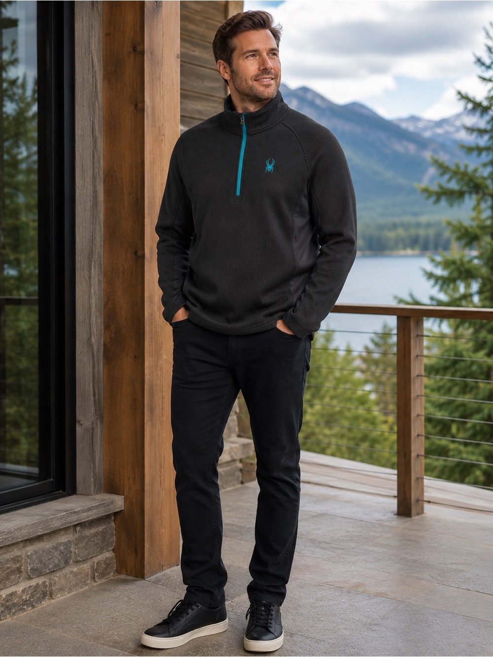 Spyder Men's Black Quarter-Zip Pullover with Teal Trim Size XL
